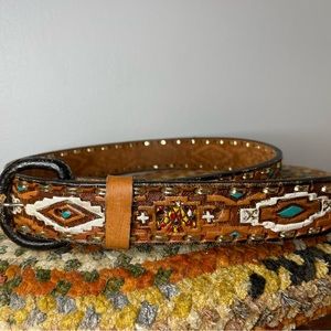 Vintage Aztec tribal leather belt